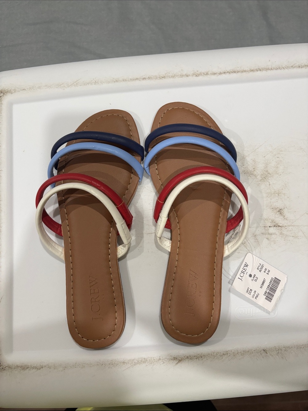 J. Crew Multicolor Strappy Leather Slide Sandals - Red, Blue, White, Tan